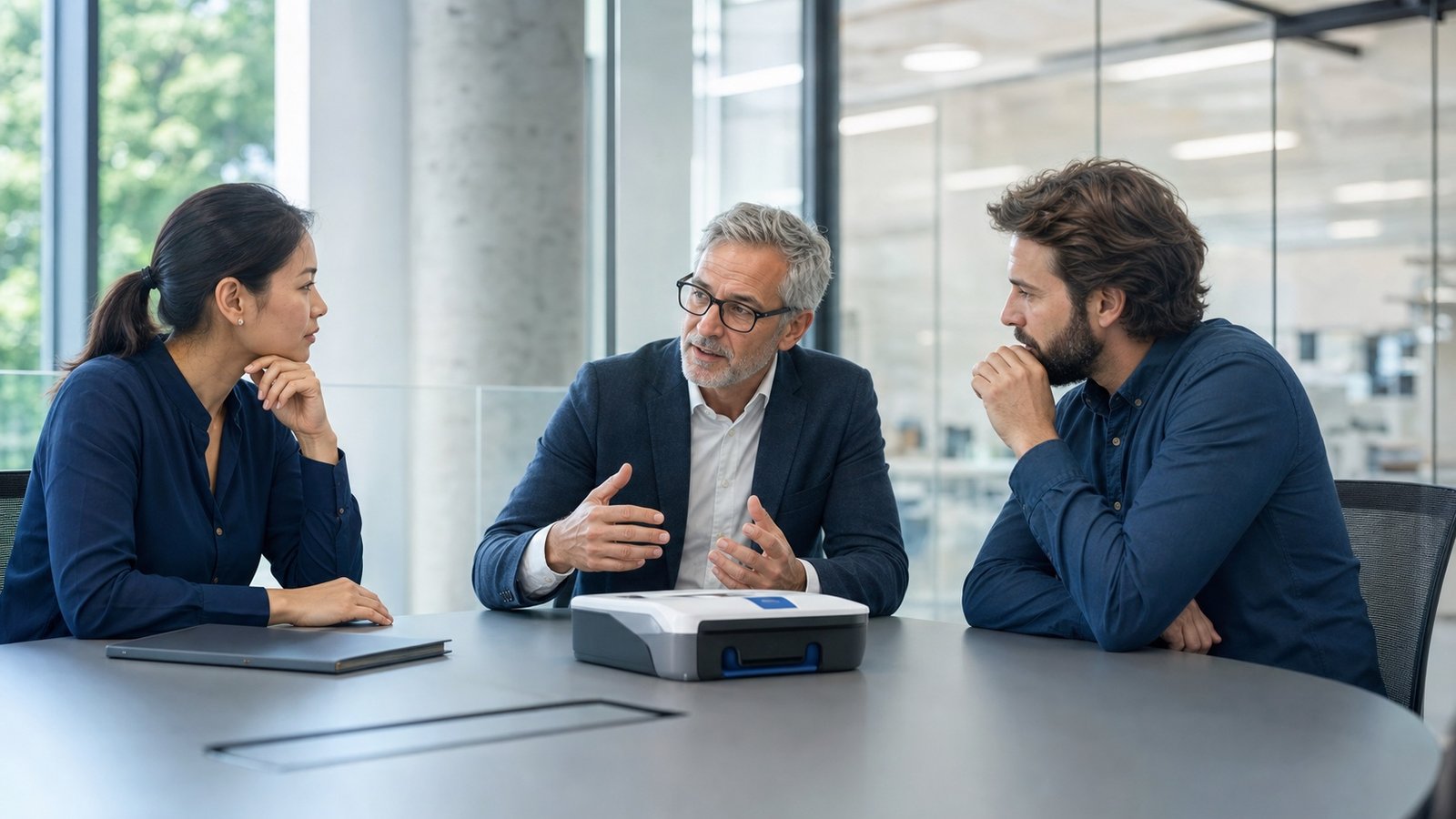 Senior product development advisor consulting with founders about a physical product