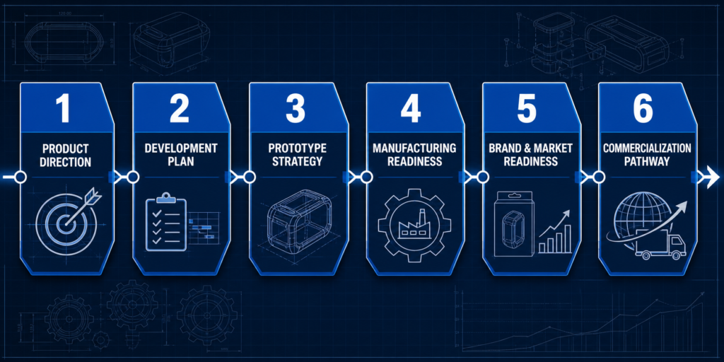 Creation Accelerator Program six-stage roadmap: product direction, development planning, prototype strategy, manufacturing readiness, brand and market readiness, and commercialization pathway